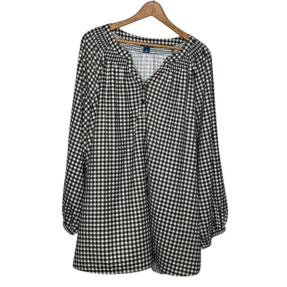 New Liz &‎ Me 2X Catherines White Black Gingham Check V-Neck Blouse Top Plus - Picture 1 of 4